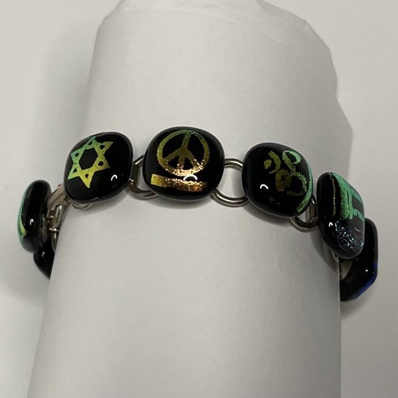 Coexist Peace Bracelet Religious Symbols Dichroic Glass Metallic Iridescent Foil - Picture 1 of 14